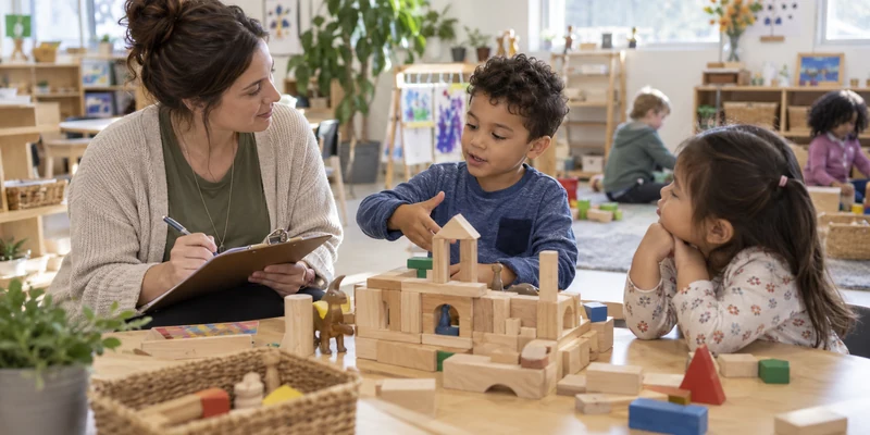 Preschool teacher documenting a child explaining a cooperative building project