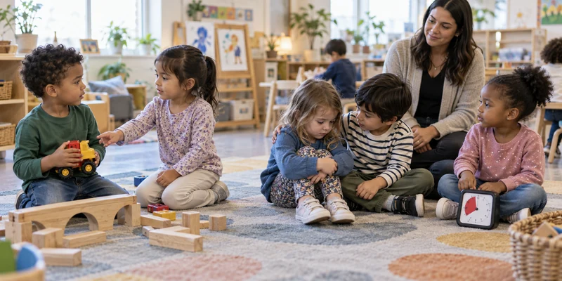 Preschool children practicing turn-taking, comfort, and waiting with a teacher nearby