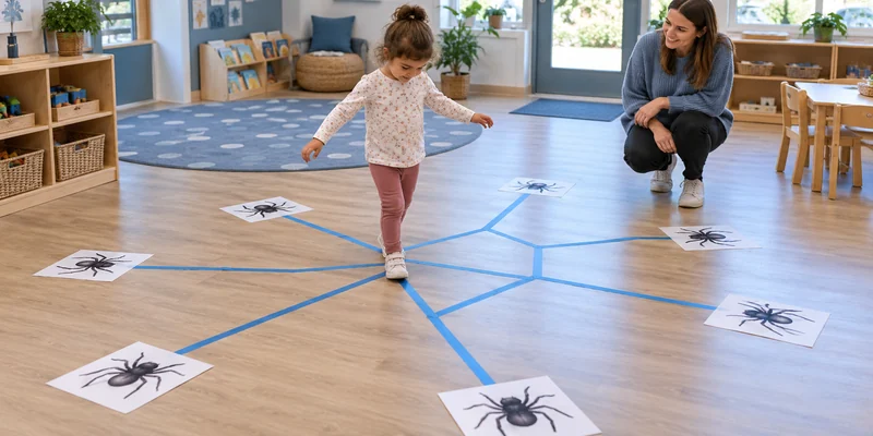 Child following flat tape spiderweb lines on an open classroom floor