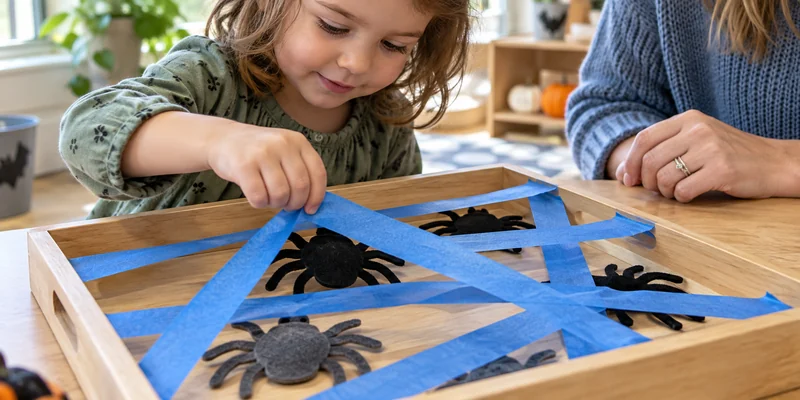 Child lifting low-tack tape to rescue large felt spiders from a tabletop tray