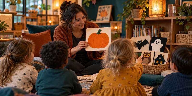 Teacher sharing large pumpkin and animal story cards with preschool children in a reading corner