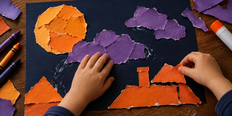 Child arranging large torn paper moon, clouds, and rooftops on dark paper