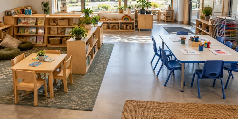 Preschool classroom with wooden reading area and plastic chairs at an art table