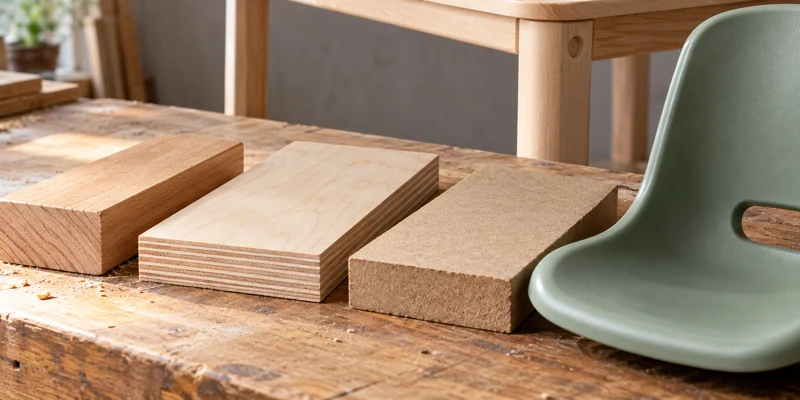 Solid wood, layered plywood, MDF, and molded plastic chair shell samples on a workbench